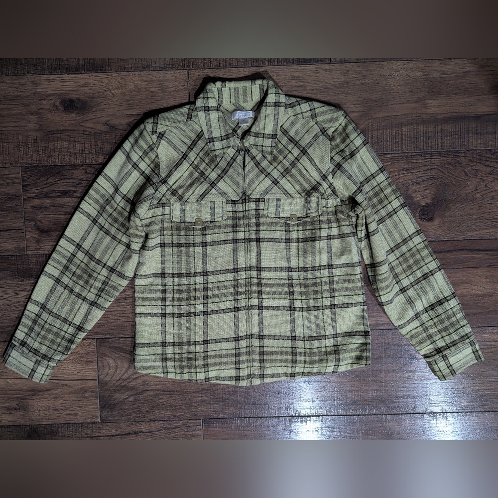 Christopher & Banks Women's Lime Green & Brown Plaid Zip Up Shacket Size Med